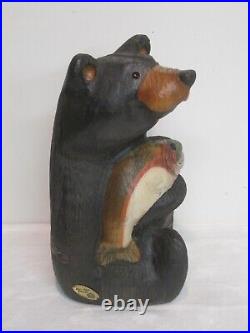 15 BSC Big Sky Carvers Jeff Fleming Hand Carved Solid Wood BEAR withSalmon Fish