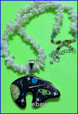 BIG Navajo Romero Sterling Silver Galaxy Sky Opal Star BEAR White Coral Pendant