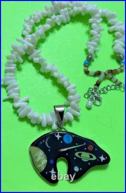 BIG Navajo Romero Sterling Silver Galaxy Sky Opal Star BEAR White Coral Pendant