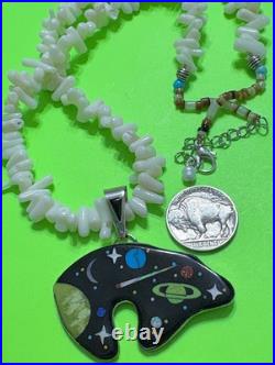 BIG Navajo Romero Sterling Silver Galaxy Sky Opal Star BEAR White Coral Pendant