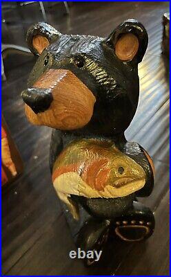 BIG SKY CARVERS JEFF FLEMING HAND CARVED SOLID WOOD BEAR & SALMON Sculpture 16