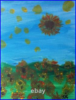 B. Perry Original 14x11 Expressionist Sunflower Field Sky Painting Signed Canvas