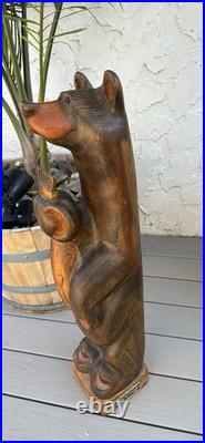 Big Sky Bear Carving Hand Carved Wood Sculpture Bear Fisherman Fish Cabin Art