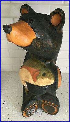 Big Sky Bear & Trout Sculpture Carved Jeff Fleming Colored Wood 15 Montana BSC
