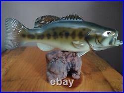 Big Sky Carvers B. Reel Large Mouth Bass Fish Wood Carving on Burl Wood Base