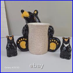 Big Sky Carvers Bearfoots Black Bear Utensil Holder Salt Pepper Shaker Set