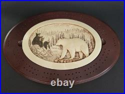 Big Sky Carvers Cribbage Board Hand Carved Scrimshaw Style Bear & Cubs
