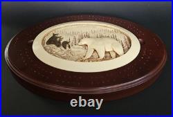 Big Sky Carvers Cribbage Board Hand Carved Scrimshaw Style Bear & Cubs