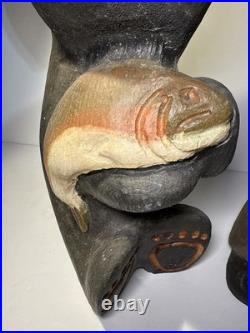 Big Sky Carvers Jeff Fleming 15 & 9Wood Bear with Salmon Fish & Overalls