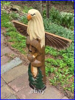 Big Sky Carvers Jeff Fleming Eagle, Bear, Trout Fish Totem Pine Wood Sculpture