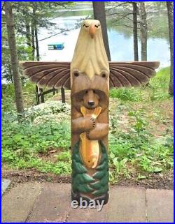 Big Sky Carvers Jeff Fleming Eagle, Bear, Trout Fish Totem Pine Wood Sculpture
