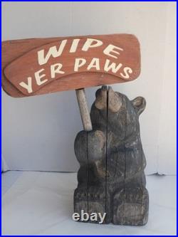 Big Sky Carvers Jeff Fleming Roy Bear Wipe Yer Paws Sign Solid Wood 19.5