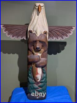 Big Sky Carvers/Jeff Fleming Wooden Totem Sculpture Bald Eagle Bear 37 inches