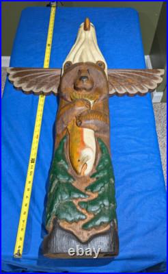 Big Sky Carvers/Jeff Fleming Wooden Totem Sculpture Bald Eagle Bear 37 inches