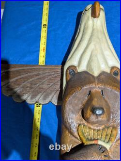 Big Sky Carvers/Jeff Fleming Wooden Totem Sculpture Bald Eagle Bear 37 inches
