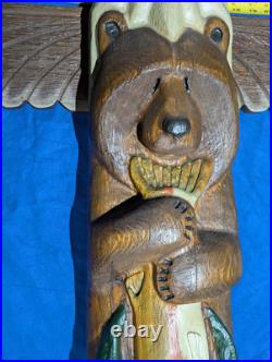 Big Sky Carvers/Jeff Fleming Wooden Totem Sculpture Bald Eagle Bear 37 inches