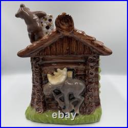 Big Sky Carvers Ranger Station Bears Moose Log Cabin Ceramic Cookie Jar Rare