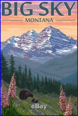 Big Sky, Montana Bear and Spring Flowers (Art Posters, Wood & Metal Signs)