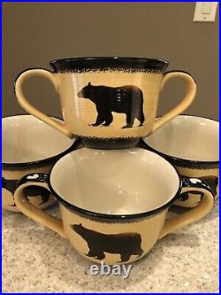 Brushwerks Stoneware Big Sky Carvers Bears Double Handle Soup Mugs Set Of 4 EUC