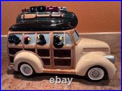 Ceramic Bear Car Cookie Jar with Lid, Animal Theme, Beige Brown Black