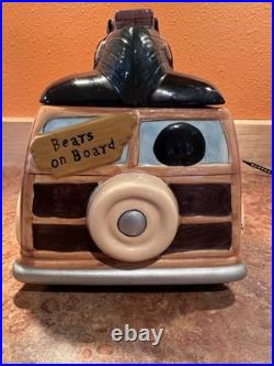 Ceramic Bear Car Cookie Jar with Lid, Animal Theme, Beige Brown Black