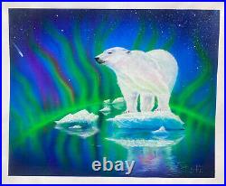 Colorful Polar Bear Northern Lights Portrait. 9x 12 Artist Print. Ships FREE