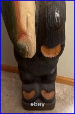 Hand Carved 33H Wooden Black Bear With Trout Big Sky Carvers Jeff Fleming Montana