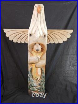 Jeff Fleming Big Sky Montana Carved Totem Of Eagle Bear And Salmon Signed 2002
