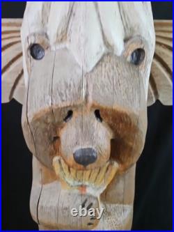 Jeff Fleming Big Sky Montana Carved Totem Of Eagle Bear And Salmon Signed 2002