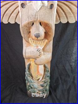 Jeff Fleming Big Sky Montana Carved Totem Of Eagle Bear And Salmon Signed 2002