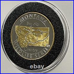 Montana Big Sky Black Bear Gold Gild Proof Coin 2 Troy Oz. 999 Fine Silver Round