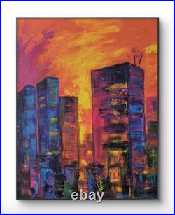 Original Abstract Expressionism Firey Sky City Scape 14 x 11 Canvas Painting