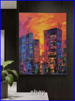 Original Abstract Expressionism Firey Sky City Scape 14 x 11 Canvas Painting