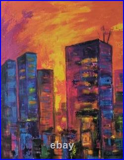 Original Abstract Expressionism Firey Sky City Scape 14 x 11 Canvas Painting