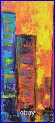Original Abstract Expressionism Firey Sky City Scape 14 x 11 Canvas Painting
