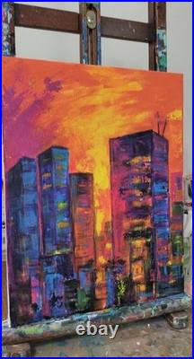 Original Abstract Expressionism Firey Sky City Scape 14 x 11 Canvas Painting