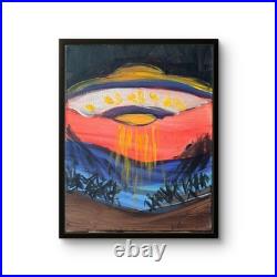 Original Acrylic 14x11 Red Expressionist Ufo Night Sky Painting Signed Canvas
