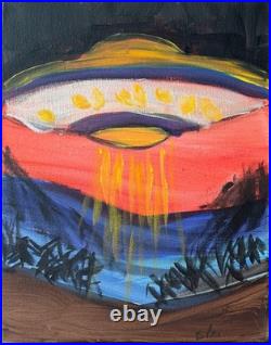 Original Acrylic 14x11 Red Expressionist Ufo Night Sky Painting Signed Canvas