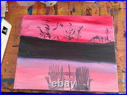 Original Acrylic Adirondack Chairs Sunset Landscape Pink Sky 14x11