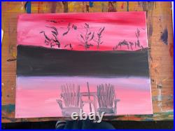 Original Acrylic Adirondack Chairs Sunset Landscape Pink Sky 14x11 Original Acrylic Adirondack Chairs Sunset Landscape Pink Sky 14x11