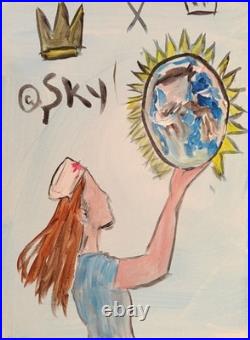 Original Acrylic Nurse Holding Globe Crown Sky Whimsical Illustration 14x11
