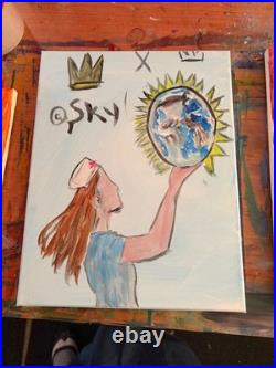 Original Acrylic Nurse Holding Globe Crown Sky Whimsical Illustration 14x11