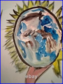 Original Acrylic Nurse Holding Globe Crown Sky Whimsical Illustration 14x11