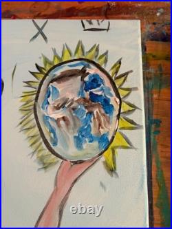 Original Acrylic Nurse Holding Globe Crown Sky Whimsical Illustration 14x11