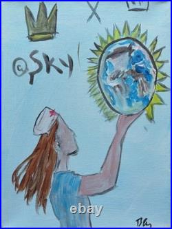 Original Nurse Holding the Earth Crown Sky Whimsical Illustration 14x11