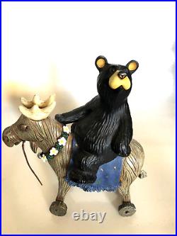RARE Big Sky Carvers Jeff Fleming Black Bear riding toy reindeer / moose daisies
