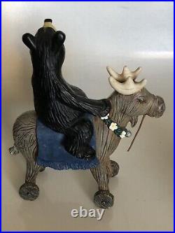 RARE Big Sky Carvers Jeff Fleming Black Bear riding toy reindeer / moose daisies