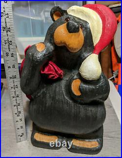 Rare Big Sky Carvers Jeff Fleming 13.25 Wood Carved Christmas Santa Bear withBag