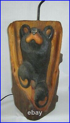Vintage BSC Big Sky Carvers Jeff Fleming Solid Carved Wood Bear lamp