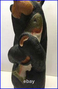 Vintage Big Sky Carver's Jeff Fleming Carved Wood Bear & Trout Statue 11-3/4